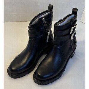 BLONDO Black Mable Leather Waterproof Moto Boots Women 8.5M Combat Zip Buckle